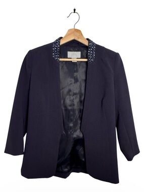 H&M Navy Beaded Embellished Collar Open Front Blazer Size 4 Orig ~$80